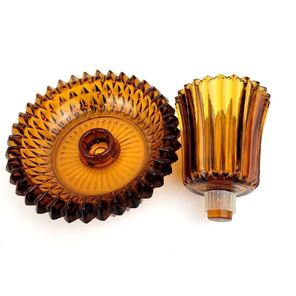 Vintage Indiana Glass Amber Diamond Saw Tooth 2 in 1 Votive Taper Candle Holder